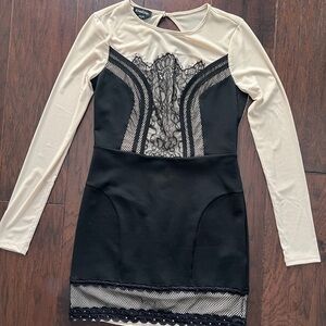 Nude Mesh/Black Lace Mini Bebe Dress